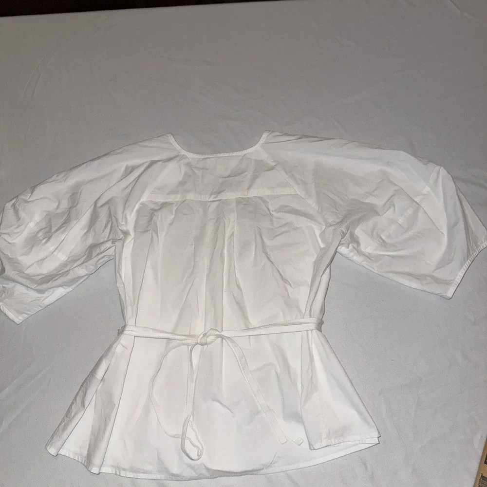 Banana Republic White Cotton Poplin Tie Back Puff Sleeve Peplum Top XS